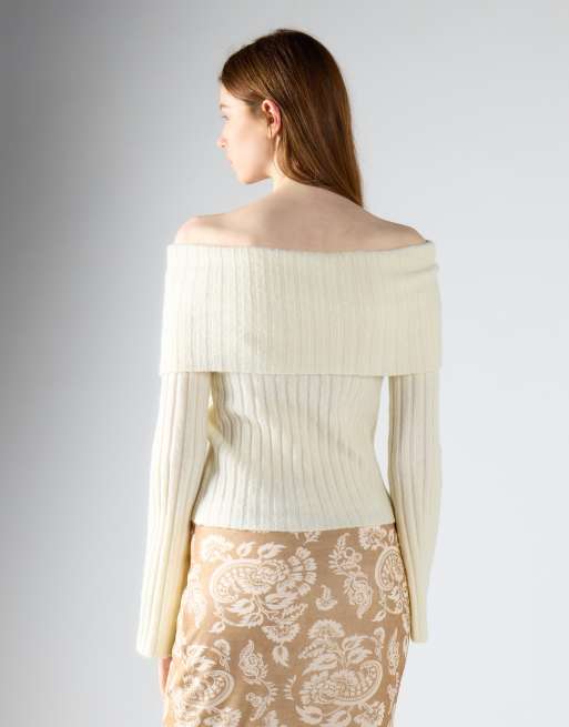 Glamorous Ribbed off-the-shoulder knit sweater in cream, 2 of 4