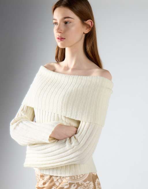 Glamorous Ribbed off-the-shoulder knit sweater in cream, 3 of 4