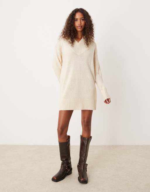 Glamorous ribbed v neck slouchy sweater dress in cream knit ASOS