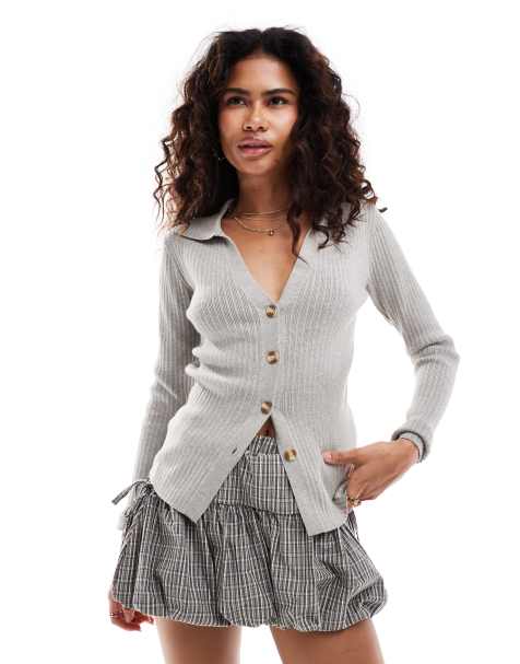 Glamorous - Ribstrikket cardigan med knapper foran i gråmeleret - view 1