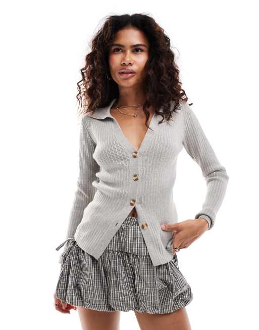 Glamorous - Ribstrikket cardigan med knapper foran i gråmeleret