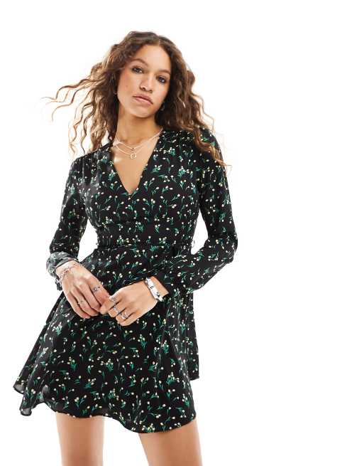 Glamorous - Robe à décolletée en V à fleurs avec manches longues et taille nouée - Jaune et noir