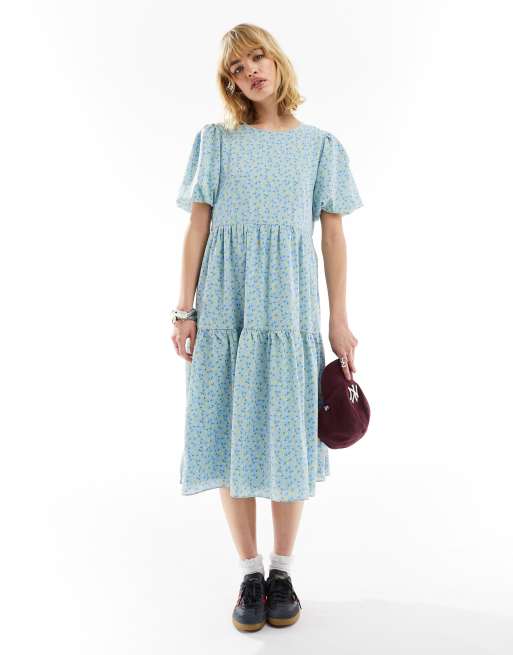 Glamorous - Robe babydoll à manches courtes bouffantes et petites fleurs - Jaune et bleu