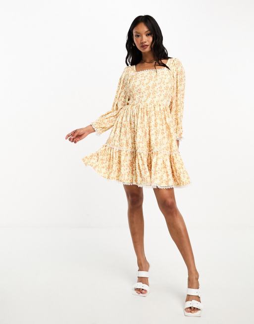 Glamorous Robe babydoll courte a petites fleurs avec manches longues et volants etages Orange Fenua environnementShops