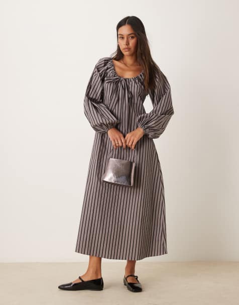 Glamorous - Robe babydoll longue à rayures avec liens devant et manches bouffantes - Gris et noir - view 1