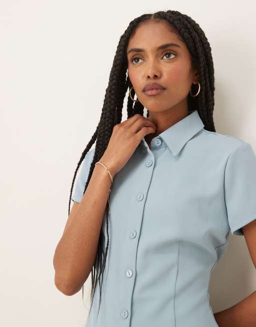 Glamorous - Robe courte boutonnée à col - Bleu, 4 de 4