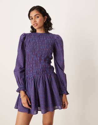 Glamorous - Robe courte en popeline à manches longues et à carreaux - Bleu marine et violet - view 1