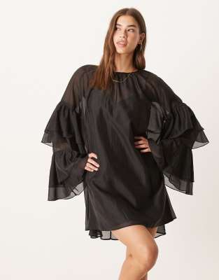 Robe courte et volantée style bohème en mousseline - Noir 36