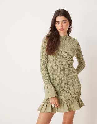Robe courte froncée à manches longues et carreaux - Vert 38
