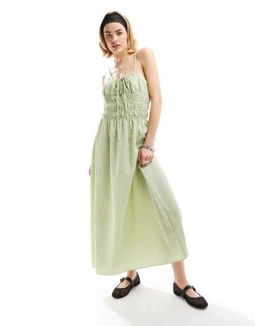 Glamorous - Robe longue à bretelles fines et buste froncé - Vert à carreaux