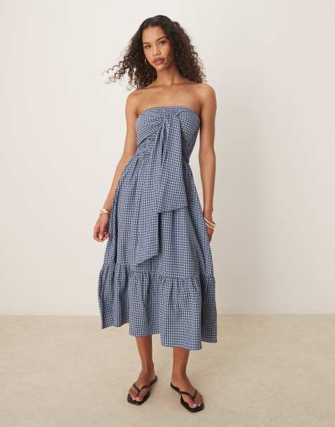Glamorous - Robe longue à carreaux avec taille froncée et liens noués devant - Bleu - view 1