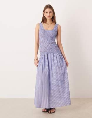 Robe longue froncée à taille basse et rayures - Rouge et bleu-Multicolore 44