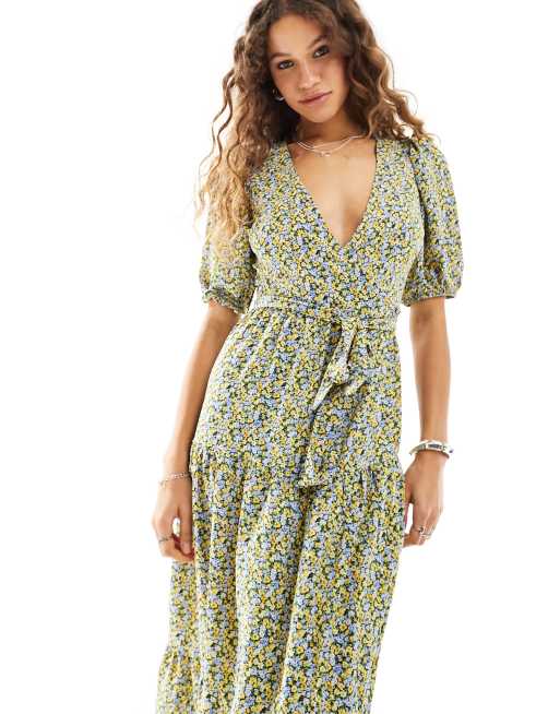 Glamorous Robe longue manches courtes tag e petites fleurs Jaune