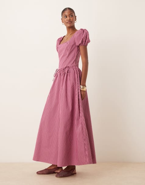 Glamorous - Robe longue rayée en popeline à manches courtes et taille basse - Rouge et rose - view 1