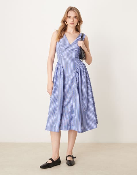 Glamorous - Robe longueur mollet à col V et rayures - Bleu marine - view 1