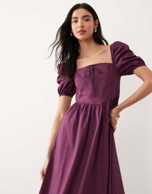 Glamorous - Robe longueur mollet à manches bouffantes et encolure carrée - Violet foncé, 3 de 4