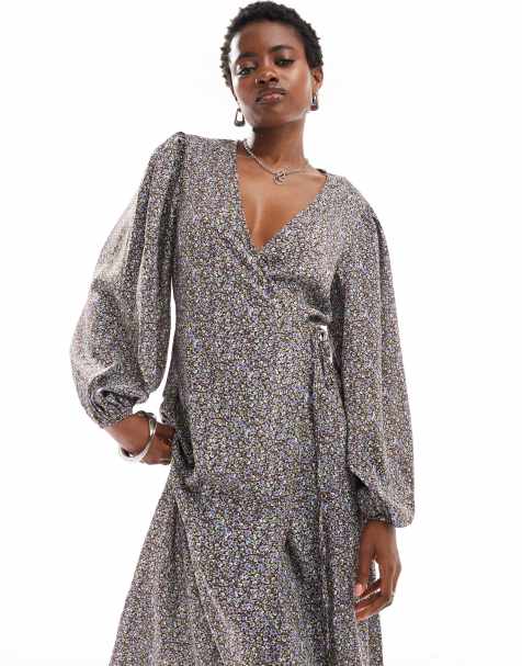 Glamorous - Robe portefeuille longue à imprimé fleuri - Marron/bleu - view 1