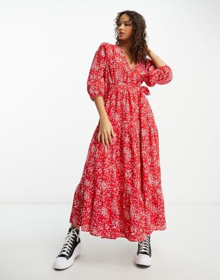 Glamorous - Robe portefeuille longue à petites fleurs et volants étagés - Rouge | ASOS