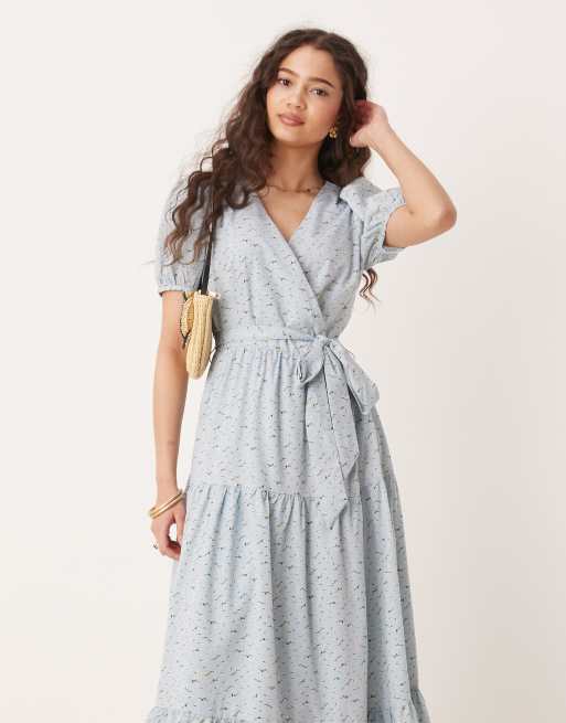 Glamorous - Robe portefeuille mi-longue bouffante à petites fleurs - Bleu, 3 de 4