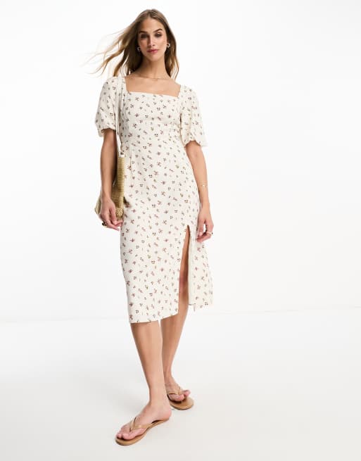 Glamorous - Robe rétro mi-longue tendance folk à fleurs avec liens noués au dos - Blanc