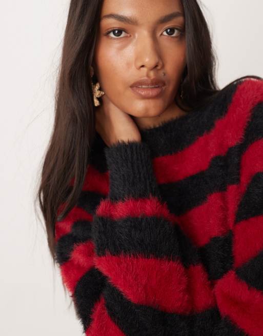 Glamorous – Röd och svartrandig, finstickad tröja i oversize och baggy fit, 3 av 4