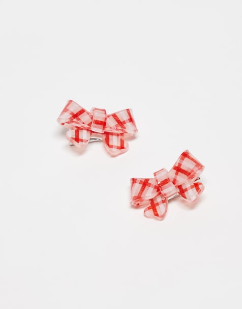 Glamorous – Röda, små hårspännen med ginghamrutig rosett, 2-pack - view 1