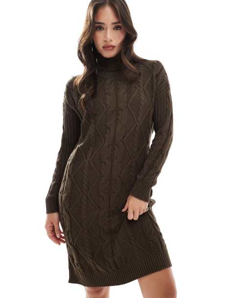 Glamorous roll-neck midi jumper dress in khaki brown