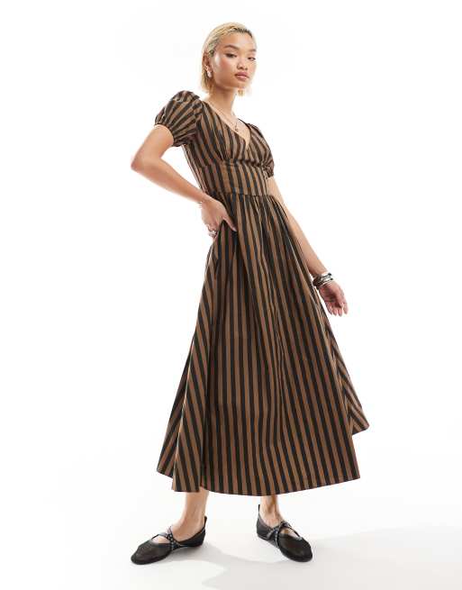 Glamorous - Romantic - Vestito lungo color cioccolato e nero a righe con scollo a V e maniche a sbuffo