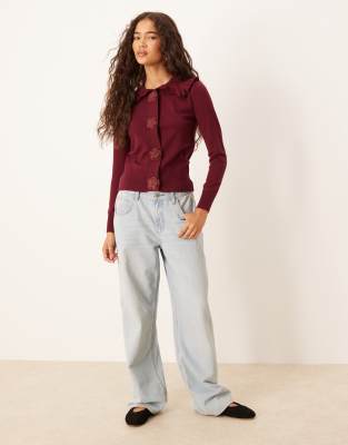 Glamorous Rose Applique Cardigan With Dramatic Collar In Red