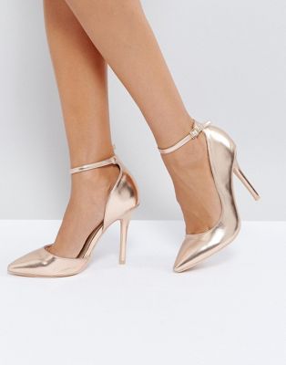 Glamorous Rose Gold Ankle Strap Court Shoes