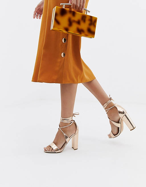 Glamorous Rose Gold Ankle Tie Block Heeled Sandals