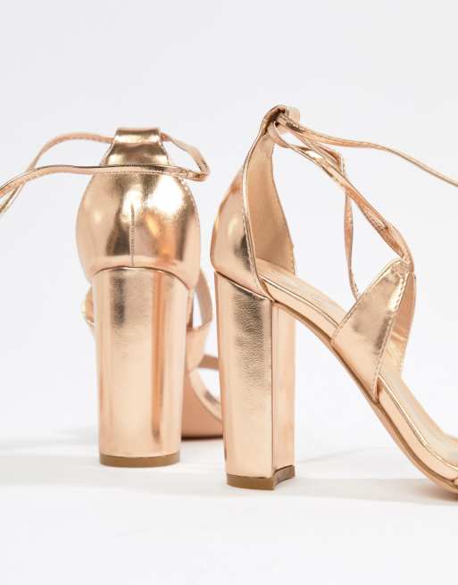 Glamorous metallic cross strap block outlet heel sandals in rose gold