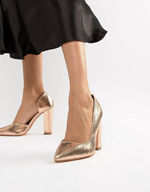 Glamorous rose gold block heeled shoes