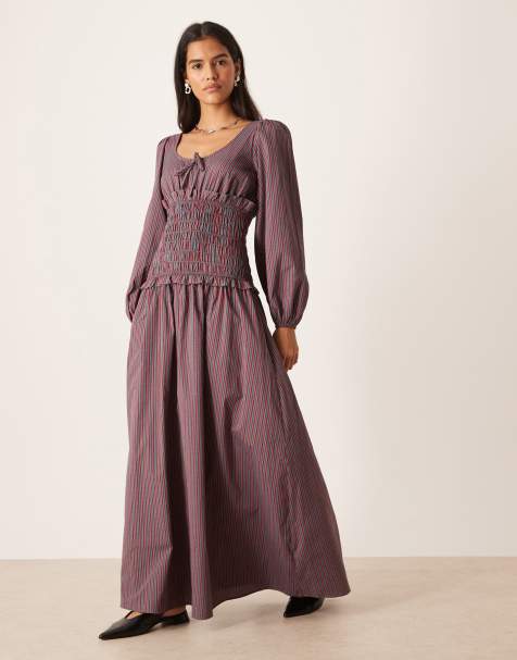 Glamorous round neck drop waist maxi dress with puff sleeve in red grey stripe