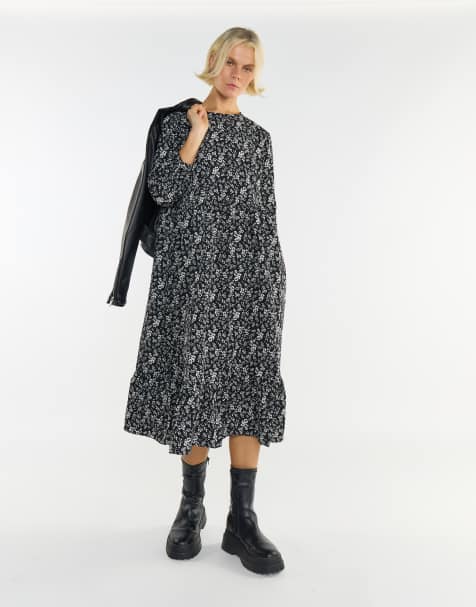 Glamorous Round neck long sleeve midi dress in monochrome ditsy