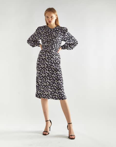 Glamorous Round neck long sleeves midi dress in lilac rose