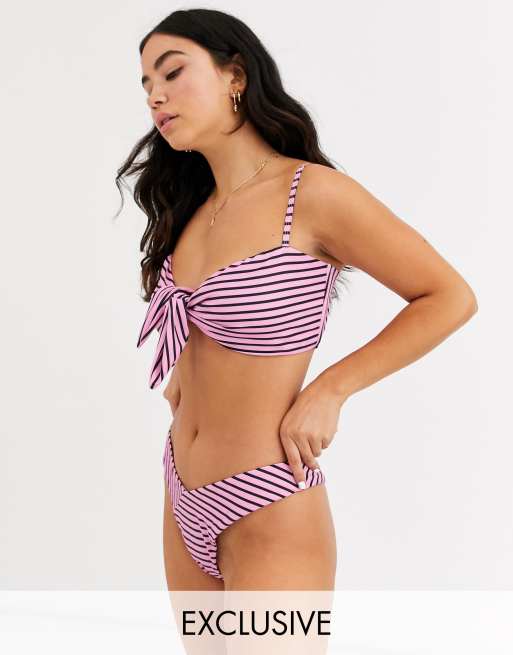 Glamorous – Różowa góra od bikini oversize z wiązaną kokardką w paski – Tylko na portalu ASOS