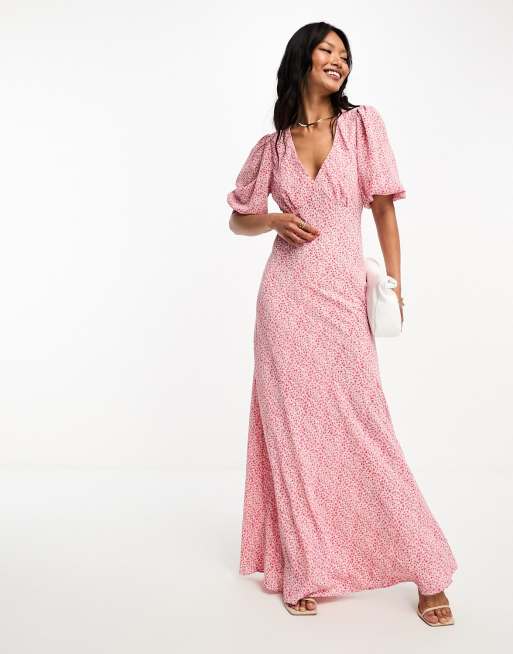 Glamorous – Różowa sukienka midi z krótkimi rękawami w kwiatowy wzór w stylu vintage