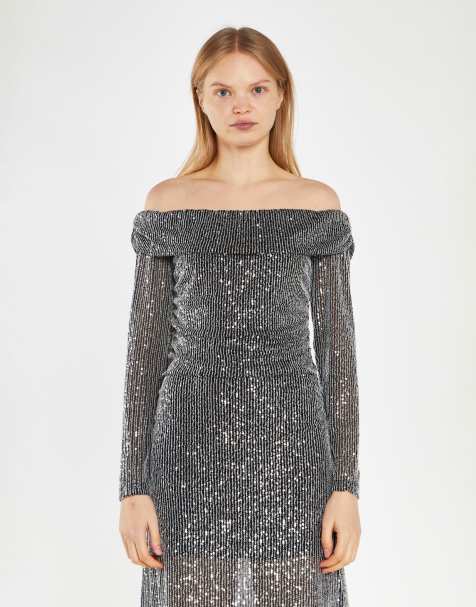 Glamorous Ruched bardot maxi dress in black mesh sequin - view 1