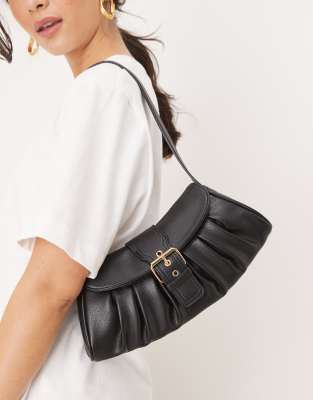 ruched buckle detail shoulder bag in black