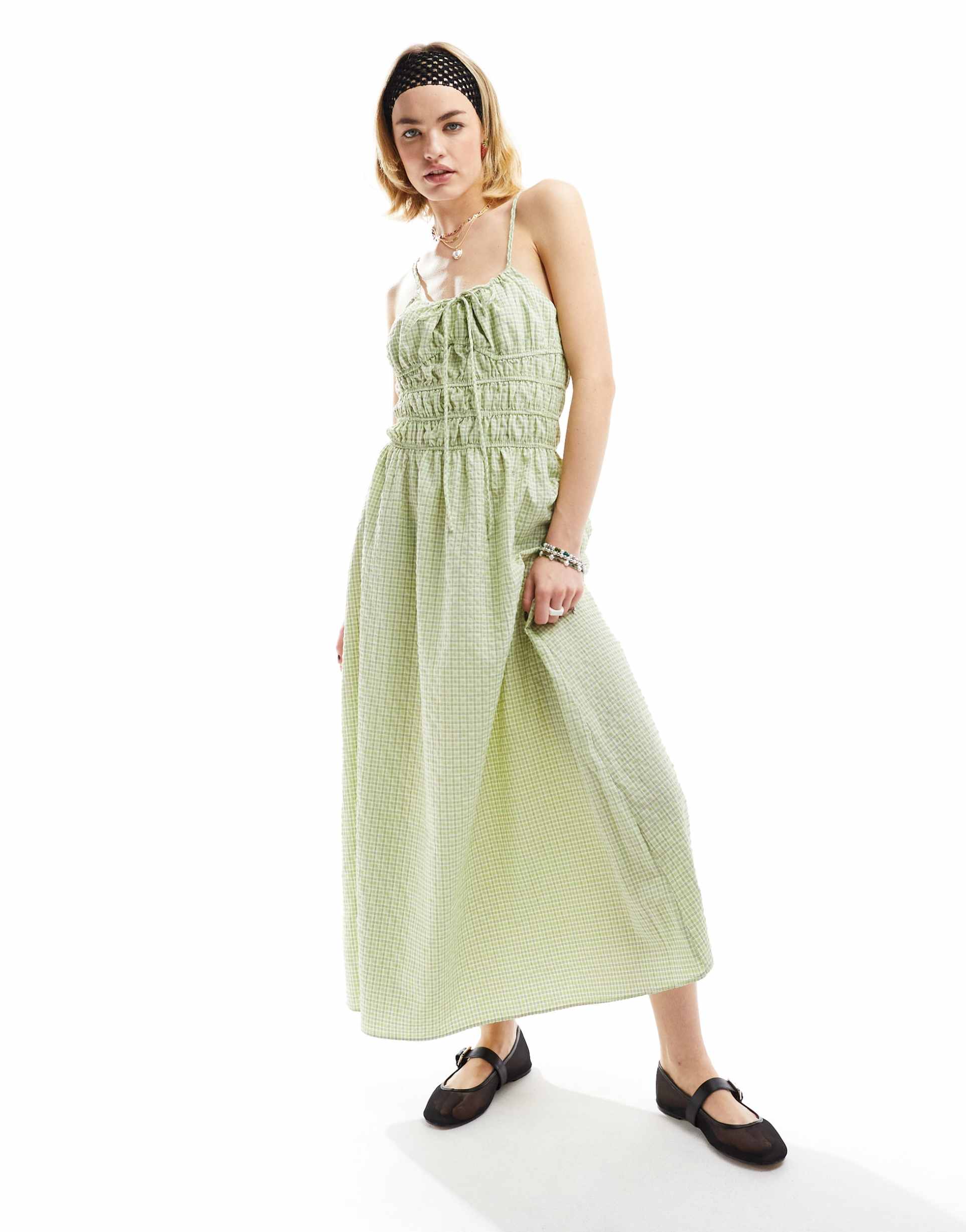 glamorous ruched bust cami maxi dress in green check