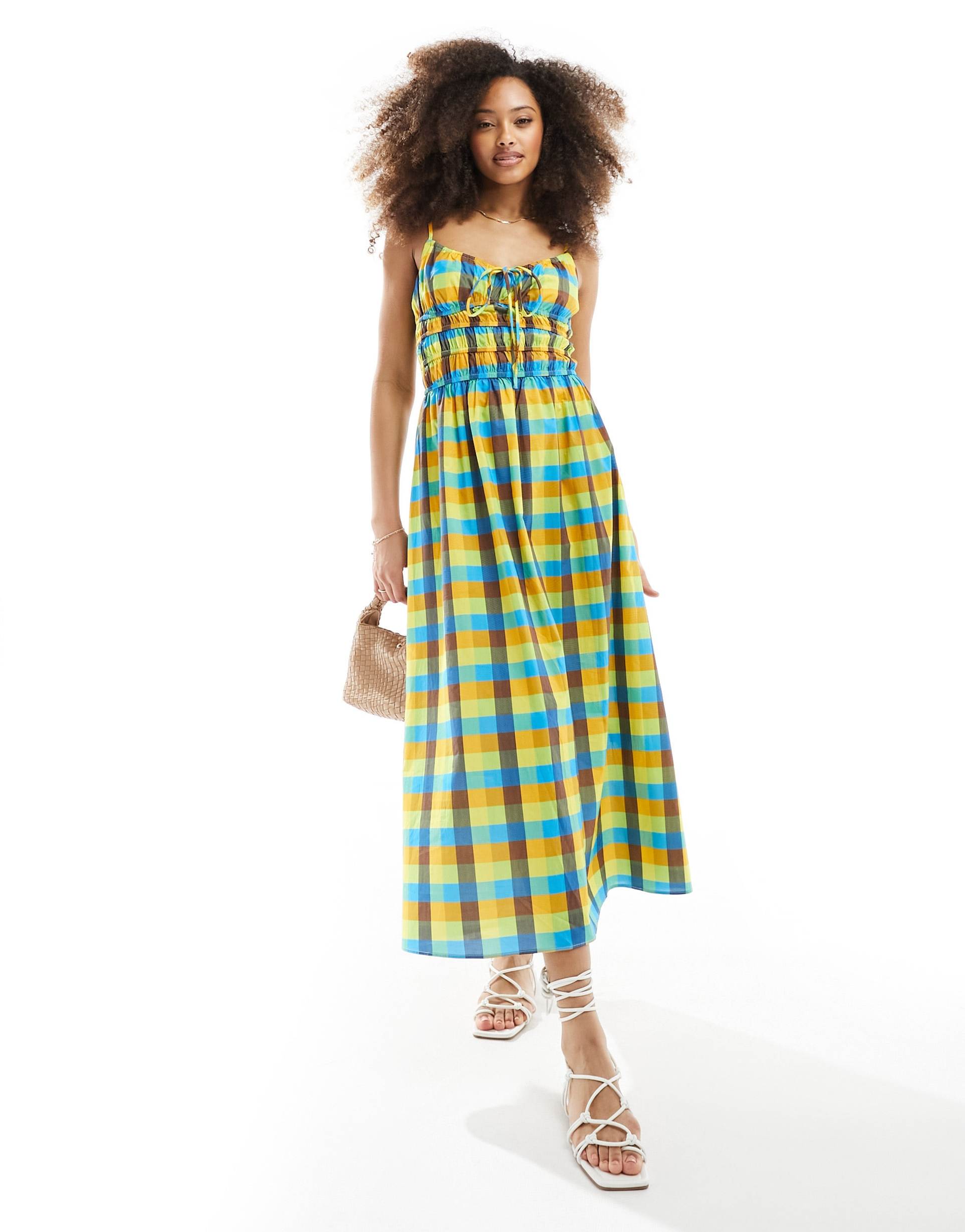 glamorous ruched bust cami maxi dress in multi plaid