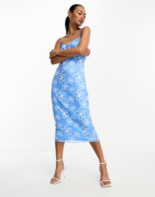 Glamorous ruched bust cami midi dress in blue scribble