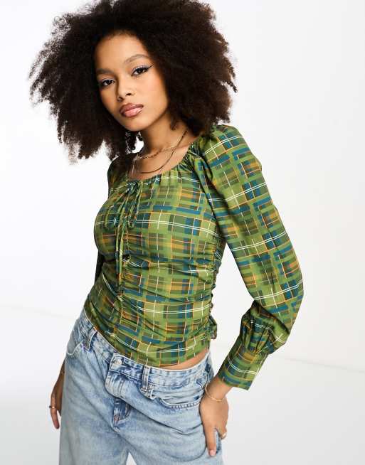 Checkered puff sleeve top hot sale