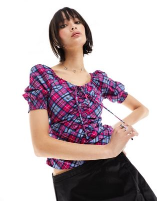 Glamorous ruched front puff sleeve blouse in pink check