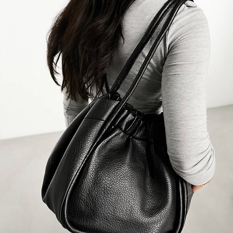 Glamorous ruched PU tote bag in black, VolcanmtShops