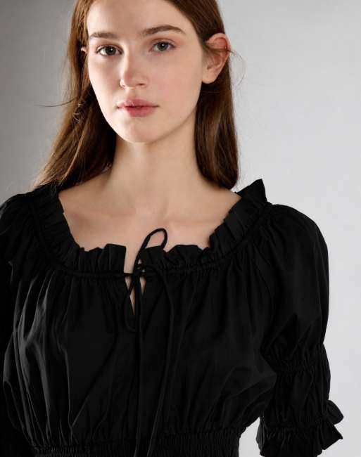 Glamorous Ruched puff sleeve midi dress in black, 3 of 4