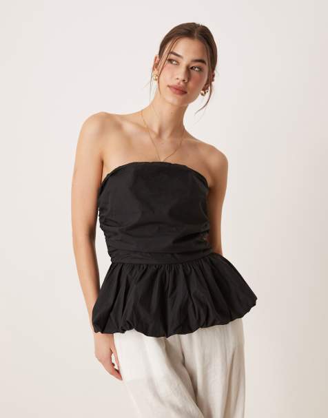 Glamorous Ruched puffball peplum top in black - view 1
