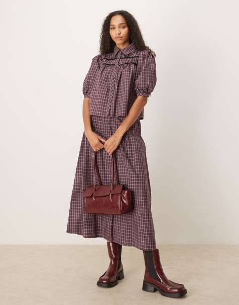 Glamorous ruched shirt & drop waist maxi skirt in burgundy black white check co-ord - view 1