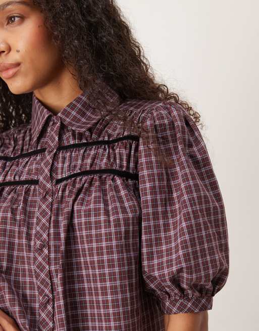 Glamorous ruched shirt in burgundy black white check co-ord, 4 of 4